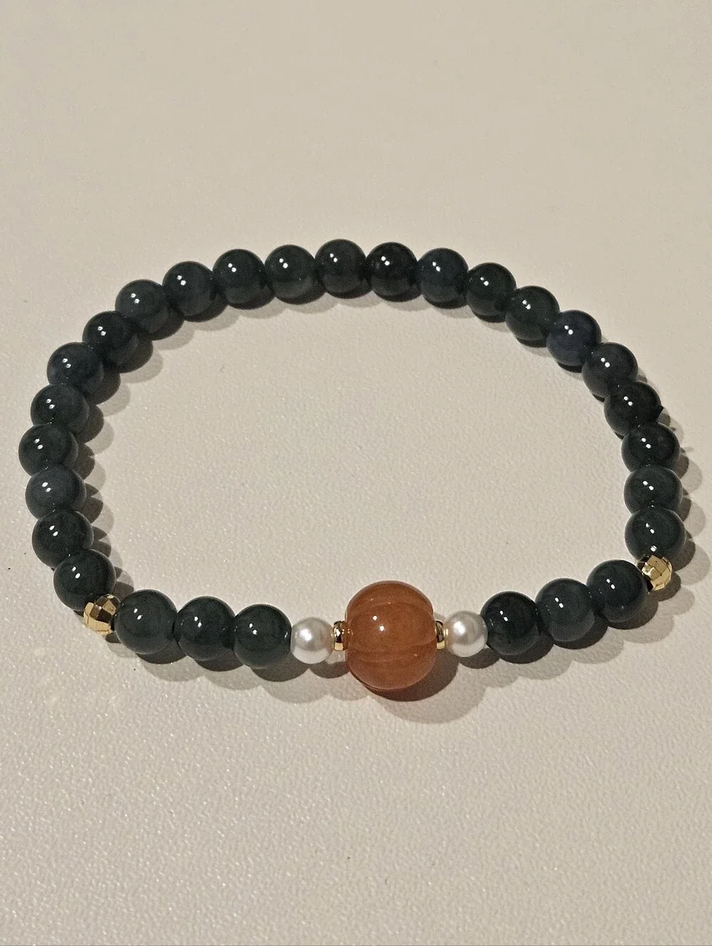 Dark Green Jadeite Beaded Stretch Bracelet with Orange Accent
